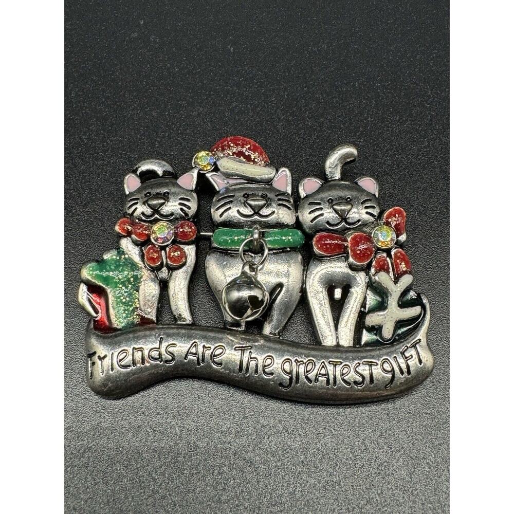 Christmas Enamel Holiday Cats Silver Colored Lapel Pin Brooch